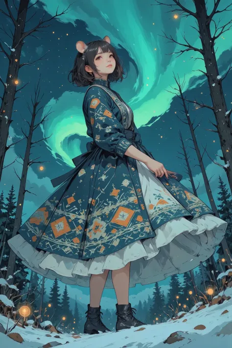 "Beneath a sky painted with the ethereal dance of the northern lights, Hamuko-chan twirls in a nocturnal embrace, the night sky her mesmerized audience. Her hamster ears twitch in the dreamy chill, a sign of her boundless curiosity and charm. The dress she...