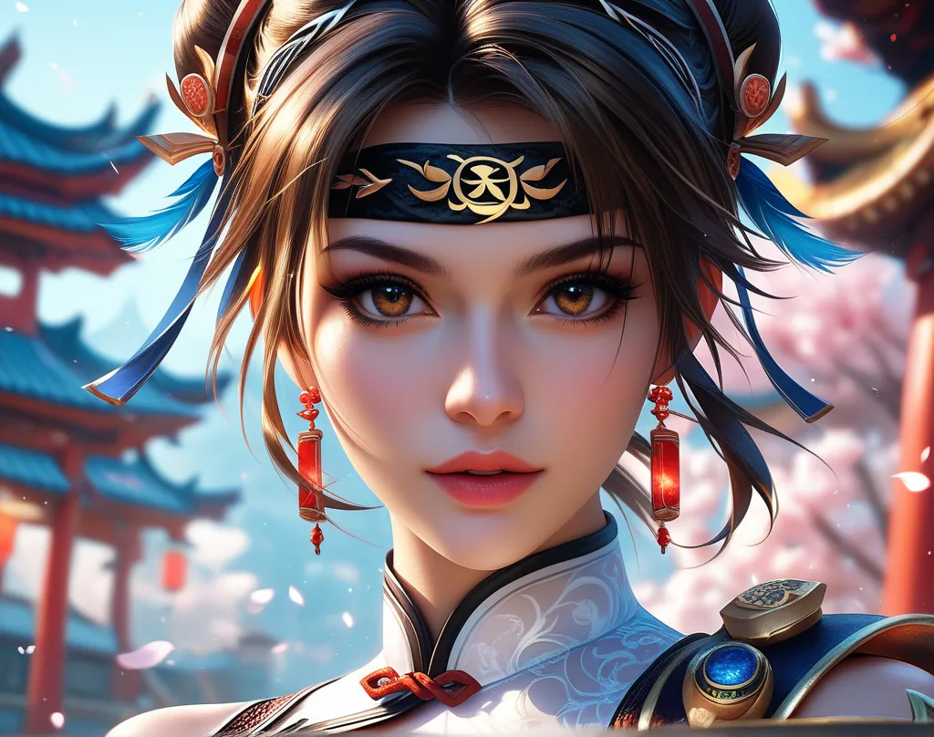 Soul Calibur ,  Beautiful Xianghua , Seductive Brown Eyes,  short brown hair、Long Side Strands {x} White Chinese Style Dress with Glamorous Blue and Gold Details,  headband, Light bokeh, Chinese temple background , finely drawn eyes, Stunning Visuals, TOP ...