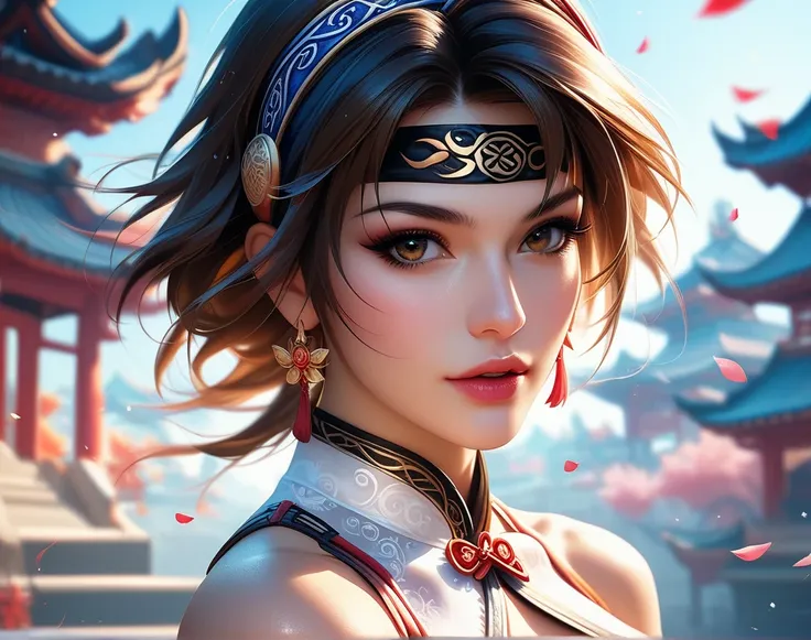 Soul Calibur ,  Beautiful Xianghua , Seductive Brown Eyes,  short brown hair、Long Side Strands {x} White Chinese Style Dress with Glamorous Blue and Gold Details,  headband, Light bokeh, Chinese temple background , finely drawn eyes, Stunning Visuals, TOP ...