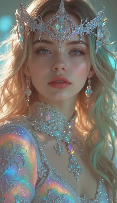 Beautiful girl from another world,  realistic,  accurate hands ,  accurate hands 가락, rainbow-colored hair,  long wave hair, silver eyes, 사랑스러운 가슴을 가진 Beautiful girl from another world, Light armor with colorful and intricate patterns, High Devil, Scary cas...