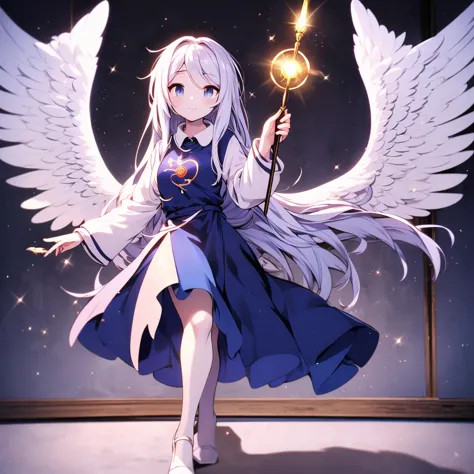 an animated anime drawing of a woman with huge wings holding a staff, well-formed face, ultra cute face, ultra detailed eyes, ultra detailed hair, ultra cute, ultra beautiful, ((high end)), (UHD picture), (best quality,4k,8k,highres,masterpiece:1.2), top-q...