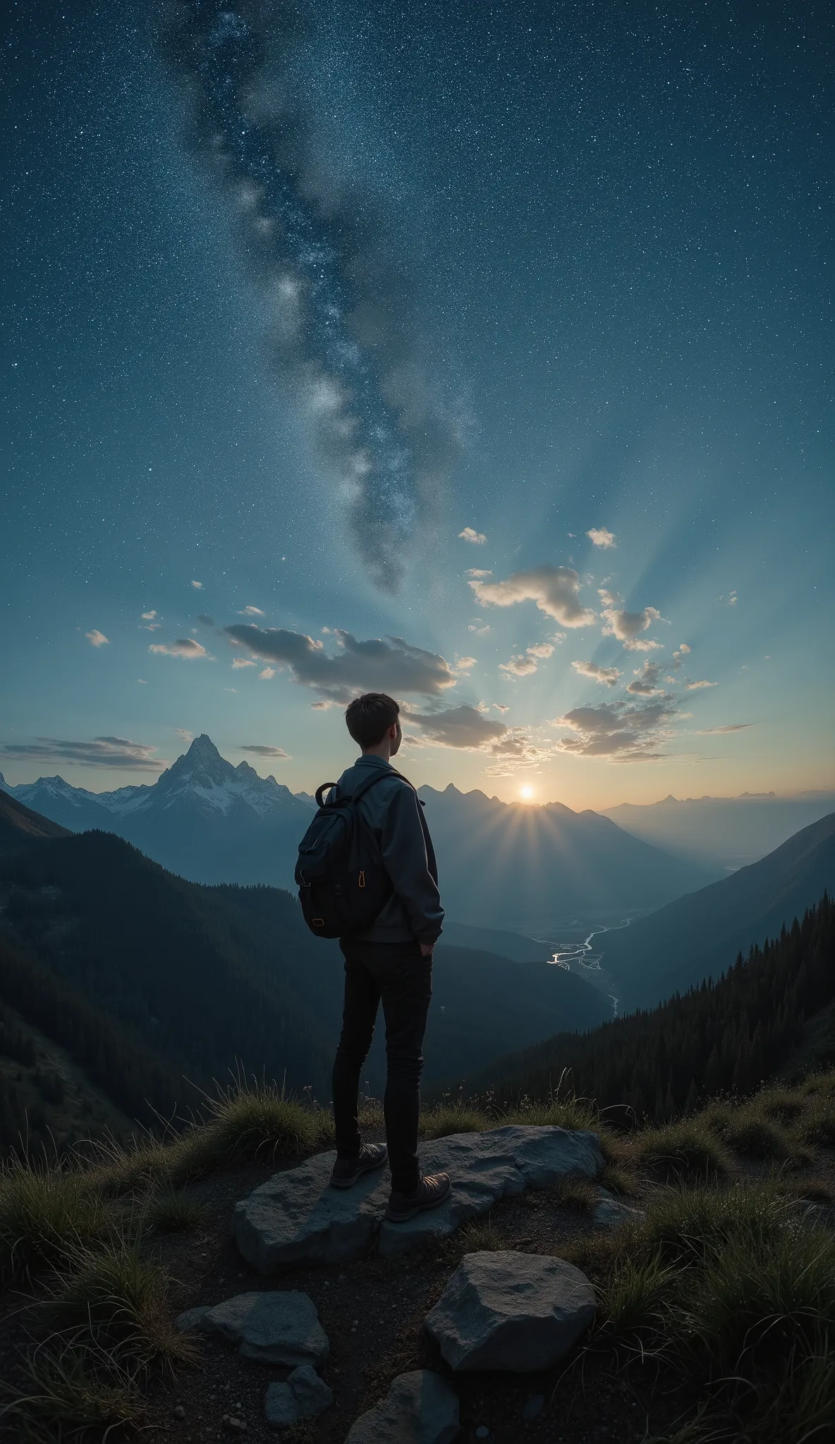  shot from above、 fisheye、Young man looking into an astrolabe and observing celestial bodies、Christian school uniforms、 russian、 on the hill、 full of stars、Liam Wong, Sincerity ,   Sergei Kolesoff  ,  Spectacular Wallpaper  , Liam Wong, Written by Zou Zhe,...