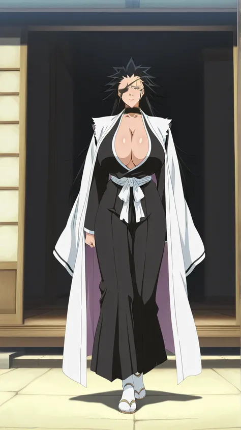 masterpiece:1.5, best quality. anime coloring. official style. looking at viewer. 1girl. (solo). female focus. female version kenpachi_zaraki, perfect eyes. perfect face. black hair, black eyes. ((long hair)). Eye patches. Huge breasts. Adetailer. full bod...