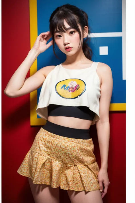 Photorealistic commercial visual featuring a Japanese idol in an outfit that melds classic art with cutting-edge 2025 trends. The garment showcases a tastefully exposed midriff, a daring mini skirt with a bubble hem, and hand-painted, impressionistic textu...