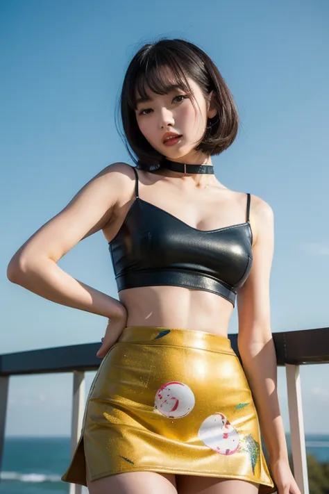 Photorealistic commercial visual featuring a Japanese idol in an outfit that melds classic art with cutting-edge 2025 trends. The garment showcases a tastefully exposed midriff, a daring mini skirt with a bubble hem, and hand-painted, impressionistic textu...