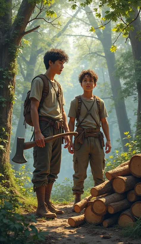 Two young men, one with an axe, standing in a forest, looking at a pile of logs.