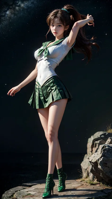  masterpiece,HD , 8k resolution for kindergarten ren, HD model,Sailor Moon Jupiter, young and beautiful Japanese woman ,1 person, Stunning High , small smile ,Thursday space background ,( Green Sailor Warrior Uniform ), Green Ultra Short Mini Skirt, beauti...