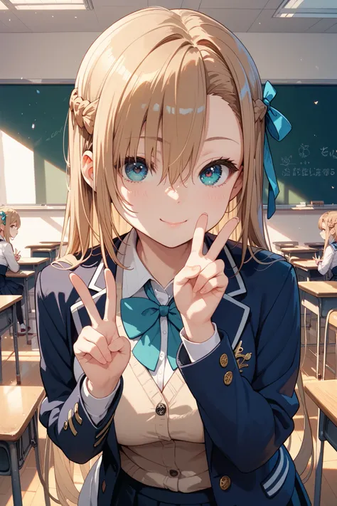 1 girl,Asuna,cute, anime,Peace on the side of the face,Peace sign with right hand,Peace sign with left hand,classroom,uniform,Blazer clothing, cardigan, shut your mouth,