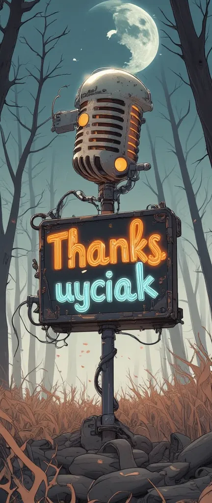 "Thanks uyciak"Detailed Headline Signs, steampunk,The desolate land,forest,night,cloud,advertising signs line up,Talk to a dynamic microphone fixed to the ,dynamic angle,dynamic typography,movie poster, magazine cover ,big title ,big logo 