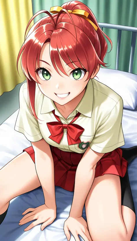  1 beautiful girl, Hayase Mina, \(sexfriend\), (A woman with radiant skin:1.6,green eyes,  grin ,  open your mouth), (( red hair , ponytail tied with yellow ribbon,  asymmetrical hair,  antenna hair,  black socks)),  beautiful eyes,  beautiful lips, very d...