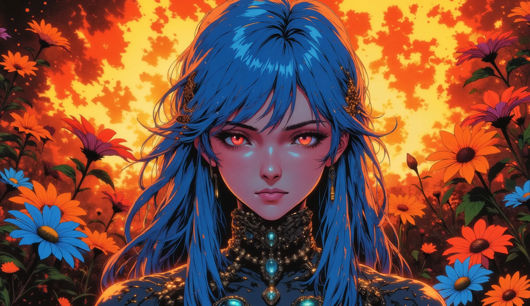  beautiful woman,  long blue hair, Behind her a huge fire, and flowers