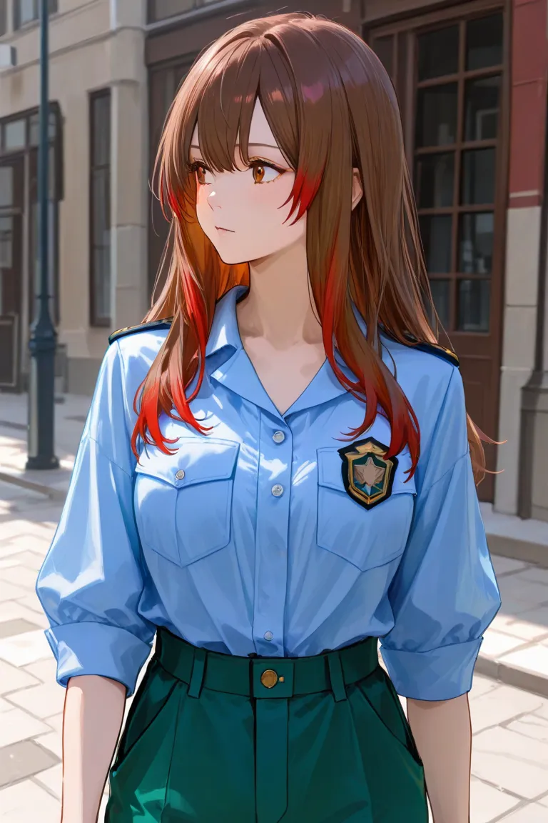 red-haired, With brown hair and red tips,long hair, standing ,wearing green pants and a blue uniform blouse with operational badge, looking forward quite angrily on the street