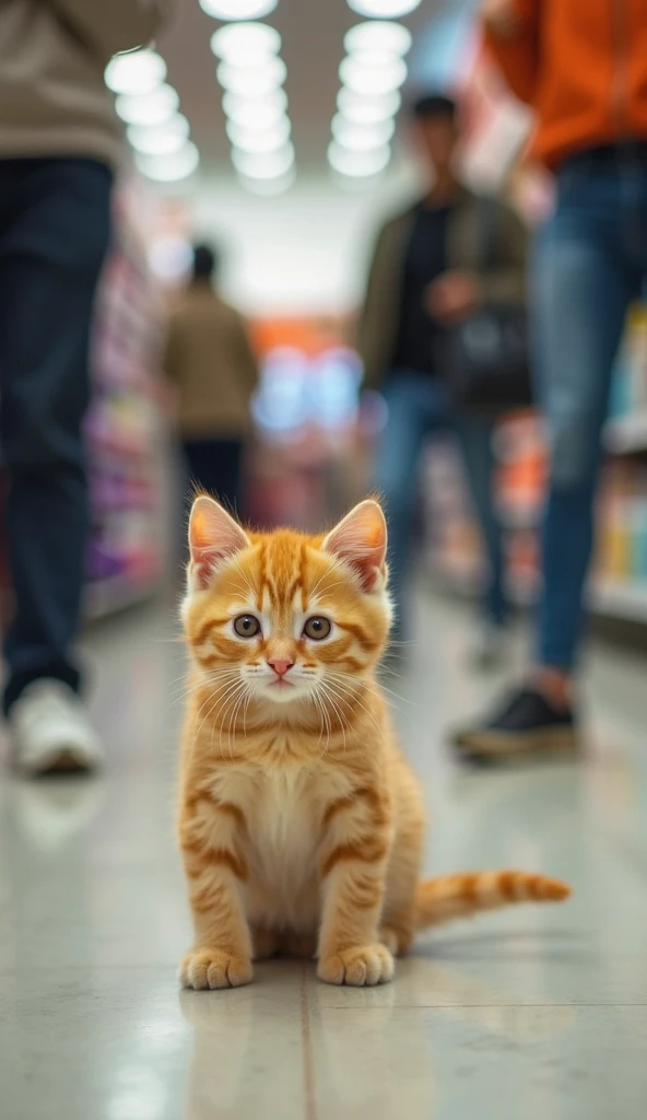 リアルPhoto。A realistic photo depicting a small, sharp-bodied, and sharp-faced orange kitten that has gotten lost in a crowded department store. The kitten is anxiously looking around with a worried expression, searching for its friend that came along. Surrou...