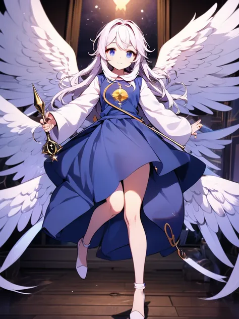 an animated anime drawing of a woman with huge wings holding a staff, well-formed face, ultra cute face, ultra detailed eyes, ultra detailed hair, ultra cute, ultra beautiful, ((high end)), (UHD picture), (best quality,4k,8k,highres,masterpiece:1.2), top-q...