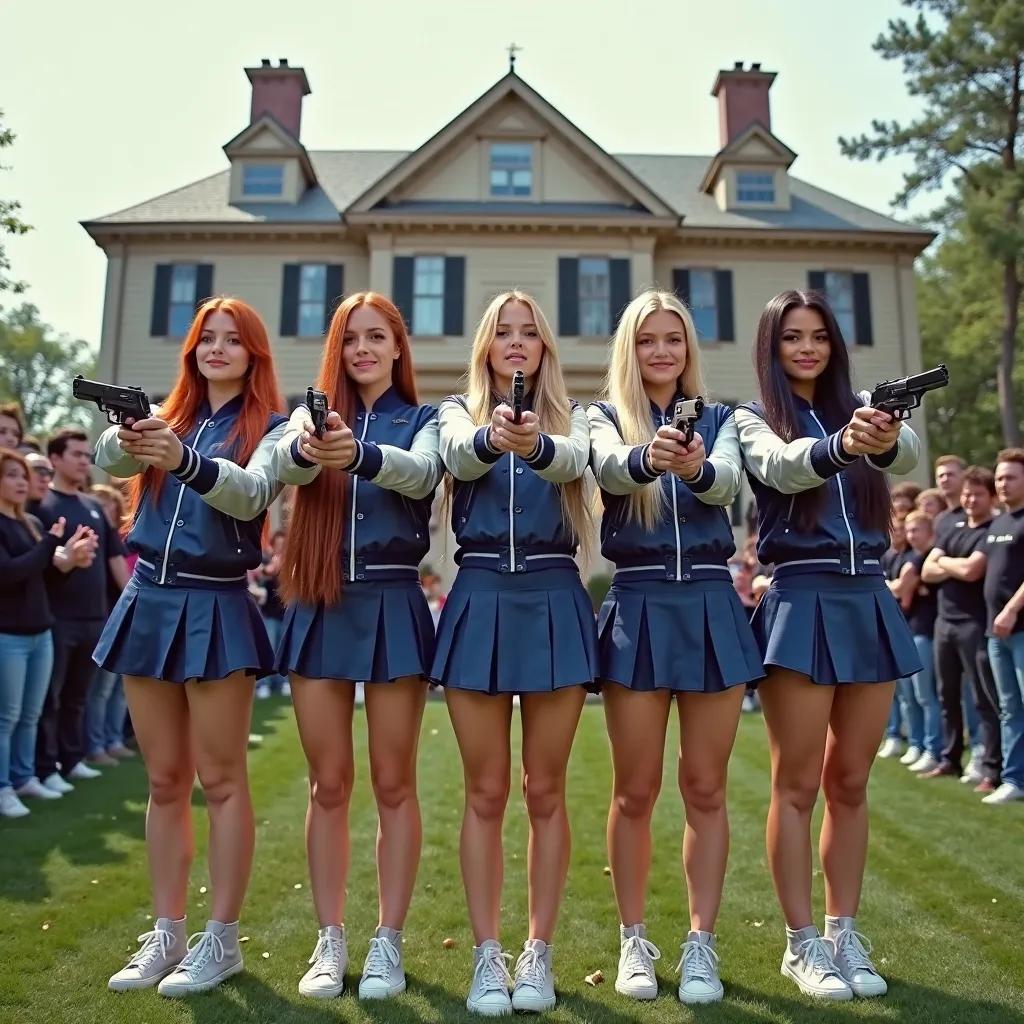 realistic photo quality establishing shot of a large 2 story  fraternity house.  Standing on the front lawn of the house we see five beautiful standing , young women standing in a row, each woman has her hands wrapped around a revolver pistol grip posing w...