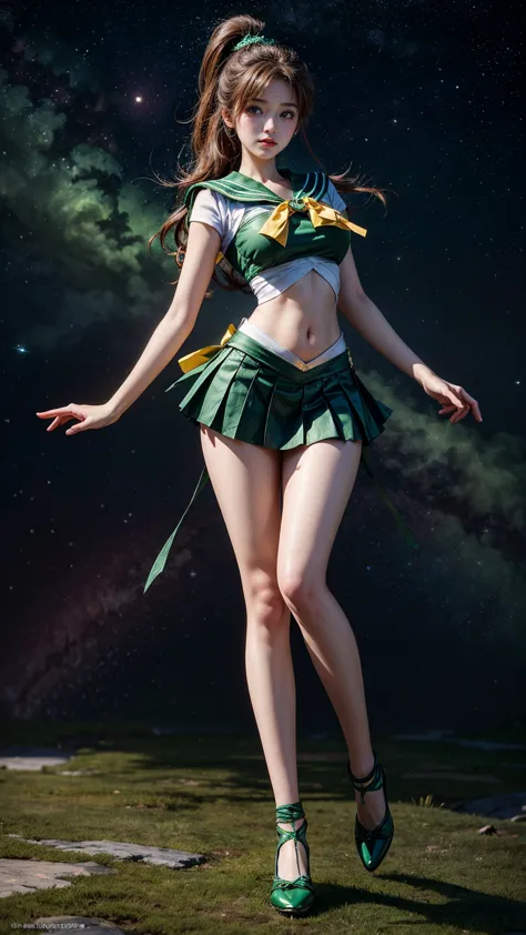  masterpiece,HD , 8k resolution for kindergarten ren, HD model,Sailor Moon Jupiter, young and beautiful Japanese woman ,1 person, Stunning High , small smile ,Thursday space background ,( Green Sailor Warrior Uniform ), Green Ultra Short Mini Skirt, beauti...