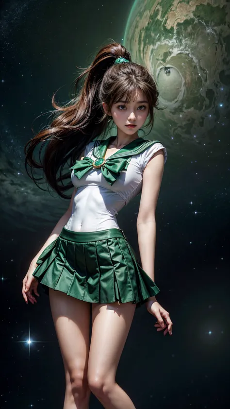  masterpiece,HD , 8k resolution for kindergarten ren, HD model,Sailor Moon Jupiter, young and beautiful Japanese woman ,1 person, Stunning High , small smile ,Thursday space background ,( Green Sailor Warrior Uniform ), Green Ultra Short Mini Skirt, beauti...