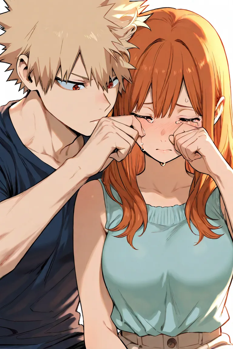 bakugo katsuki, girl with long auburn hair, couple, detailed, wiping tears, love