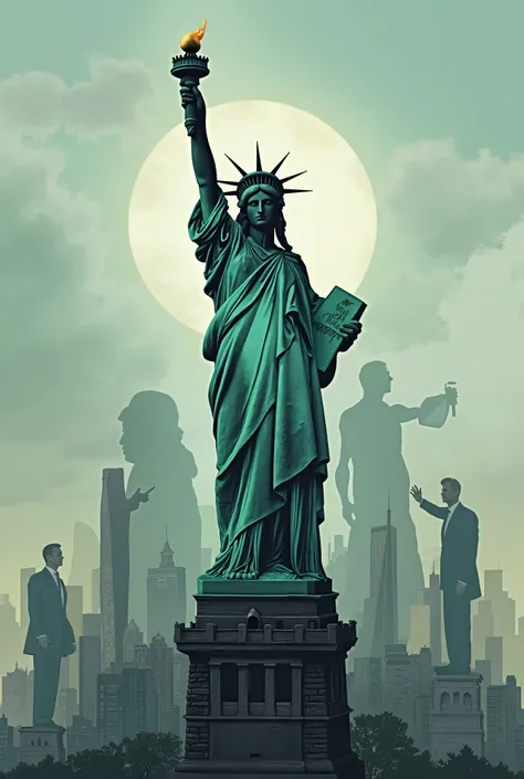 Statue of liberty , with evolving world and famous people picture shades in background who is known , trumph , elonmusk