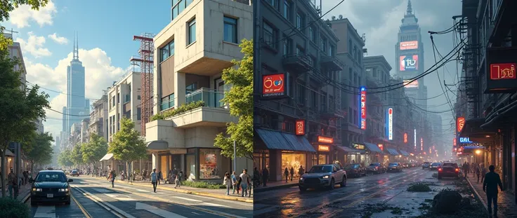  cityscape. Google office image in two versions, separated by a vertical line .  left: before the apocalypse,  Photorealist style . Right: After the Apocalypse,  Cyberpunk style 