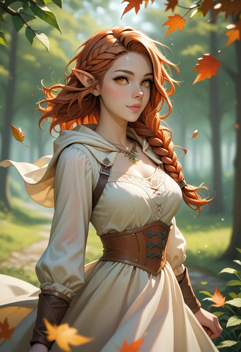 score_9, score_8_up, score_7_up, (masterpiece, UHD, 8K, 16K, ultra detailed), sfw, upperbody shot, 1girl, elf, orange eyes, one side braided hair, ginger hair, holding a red leaf, white dress with hood, intricate details, (murmuring leaves), (wind:1.2), (m...