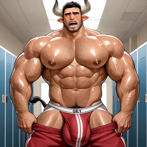 best quality, masterpiece, extremely detailed, muscular bodybuilder college age man standing in line with other muscular bodybuilder men turning into muscle bulls, rugged windswept hair, sweaty, glistening skin, wearing a crystal, sexy jockstrap, wearing o...