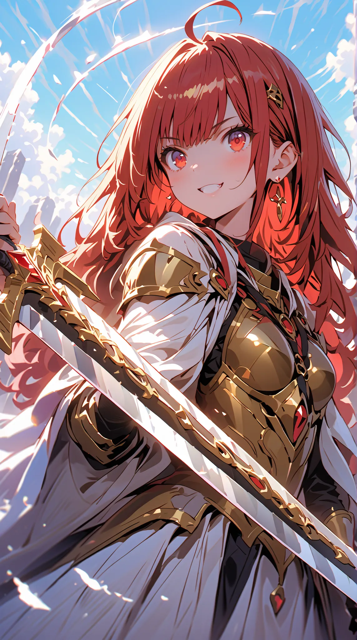 ( masterpiece, TOP QUALITY), perfect anatomy, one girl,  alone,  high fantasy 、Spectacular Nature、Sunlight、 Ultra Precise Illustration ,   high detail for women ,  beautiful detailed , 8k,  anime style, ( Eyeliner), cool eye,armor、pocket、Golden Armor、Pink ...