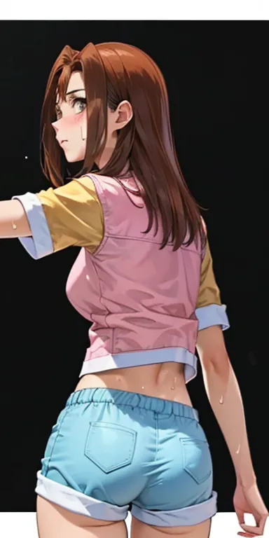   1 female, high definition, dementia,    ultra-realistic    ,8K,serenidaddm  ,   gray eyes,  long hair,  Brown hair,     pink shirt  ,  blue shorts,European,sexy, Close-up of the upper body,    photographed from the front  ,  Dynamic Angles  ,blush,  smal...