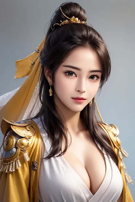 The upper body of a female warrior wearing golden armor and cloak, 1 person,  cute ponytail  ,20 years old, (((Real Face))), slightly larger breasts and cleavage,  reveal cleavage,Scary face,  very fine facial and skin textures , staring at the camera,   C...