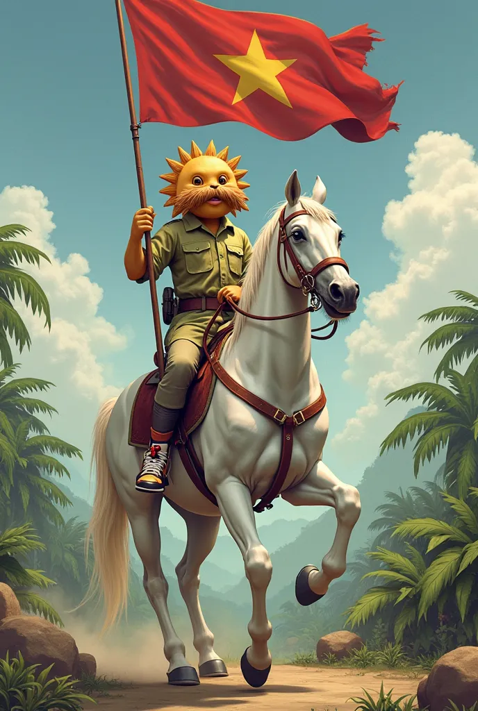  make a capyckoo with the head of a sunfish that has a mustache riding a white Arabian horse in the Vietnam War with a flag of peace, and at the same time wearing Jordans on his feet