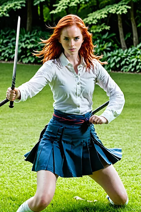 She has red hair and blue eyes. I'm wearing a white shirt, a blue skirt, holding a sword, and doing a kendo pose.It's a park with lots of grass.