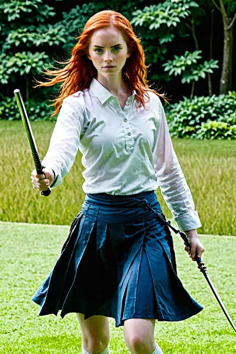 She has red hair and blue eyes. I'm wearing a white shirt, a blue skirt, holding a sword, and doing a kendo pose.It's a park with lots of grass.