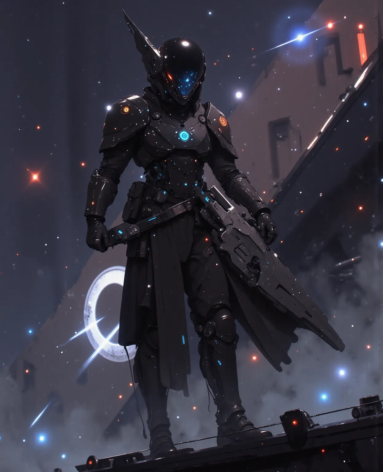 A futuristic vision unfolds: a female cosmic samurai anchors herself with magnetic boots on the deck of a drifting interstellar battleship, her obsidian visor mirroring vibrant nebulae. Her armor merges samurai kabuto aesthetics with advanced alien tech—th...