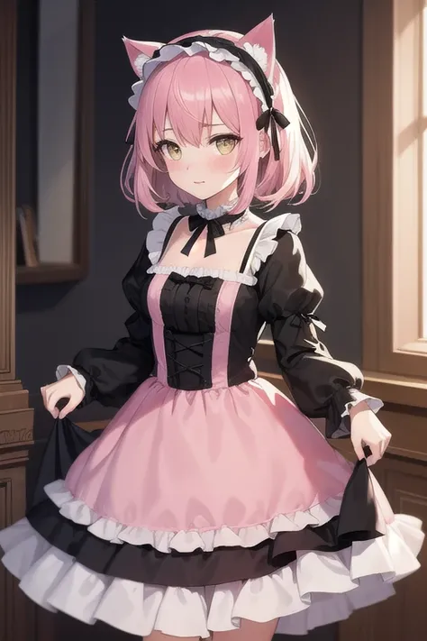 Best quality, high quality, best quality, one girl, pink hair, cute dress with frills, pink dress, some black parts, gothic lolita style design, black cat ears headband, ,, western-style room,