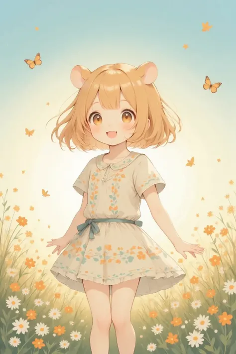 In an ethereal meadow bathed in the golden hues of a setting sun, stands (Hamuko-chan, a young girl of undeniable charm, adorned with delicate hamster ears sprouting playfully from her head). Her hair, a cascade of shimmering chestnut waves, catches the su...