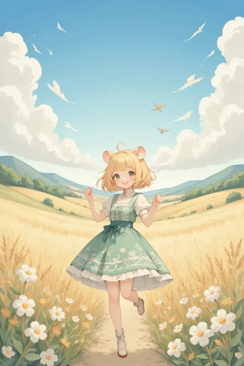 In the heart of a picturesque countryside, surrounded by rolling hills and fields of golden wheat, (stands Hamuko-chan, her hamster ears perked with curiosity). The sun is cradled low in the sky, casting a warm embrace of honeyed light on everything it tou...