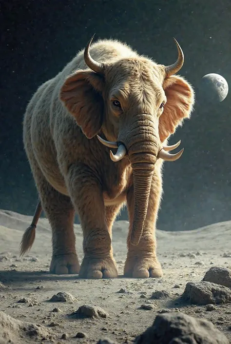 Create a cow with the body of an elephant and on the moon