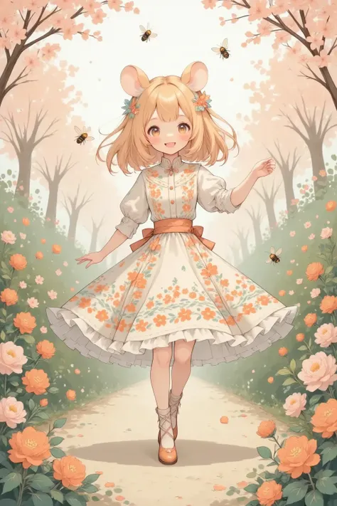 In a garden reborn with the kiss of spring, where blooms of every hue coalesce in a riotous celebration of color, (Hamuko-chan dances among the blossoms, her hamster ears twitching with delight). Her garment, a silky ensemble awash in floral patterns, echo...