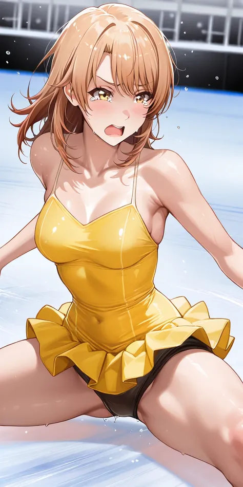 A woman are ice skating, Indoor skating rink, my skirt is fluttering, yellow mini dress, solo, masterpiece, high resolution, best quality, isshiki iroha, spread legs, open mouth, frown, tearing up