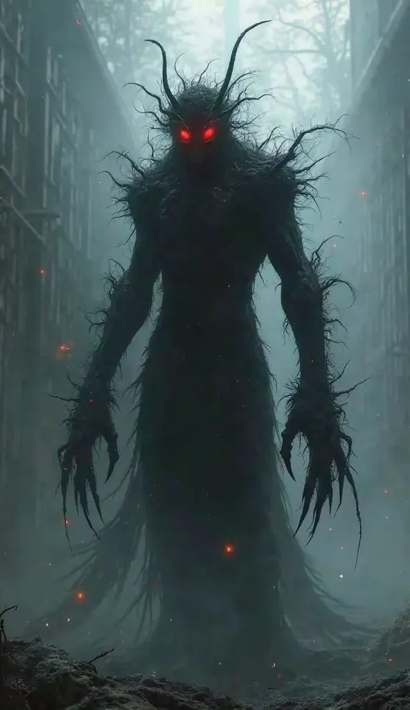 "A living silhouette with glowing red eyes that pierce through the darkness, Vex is more shadow than flesh. Its body shifts and flickers like smoke, dissolving and reforming in an instant. Long, jagged fingers extend from its shifting limbs, resembling cla...