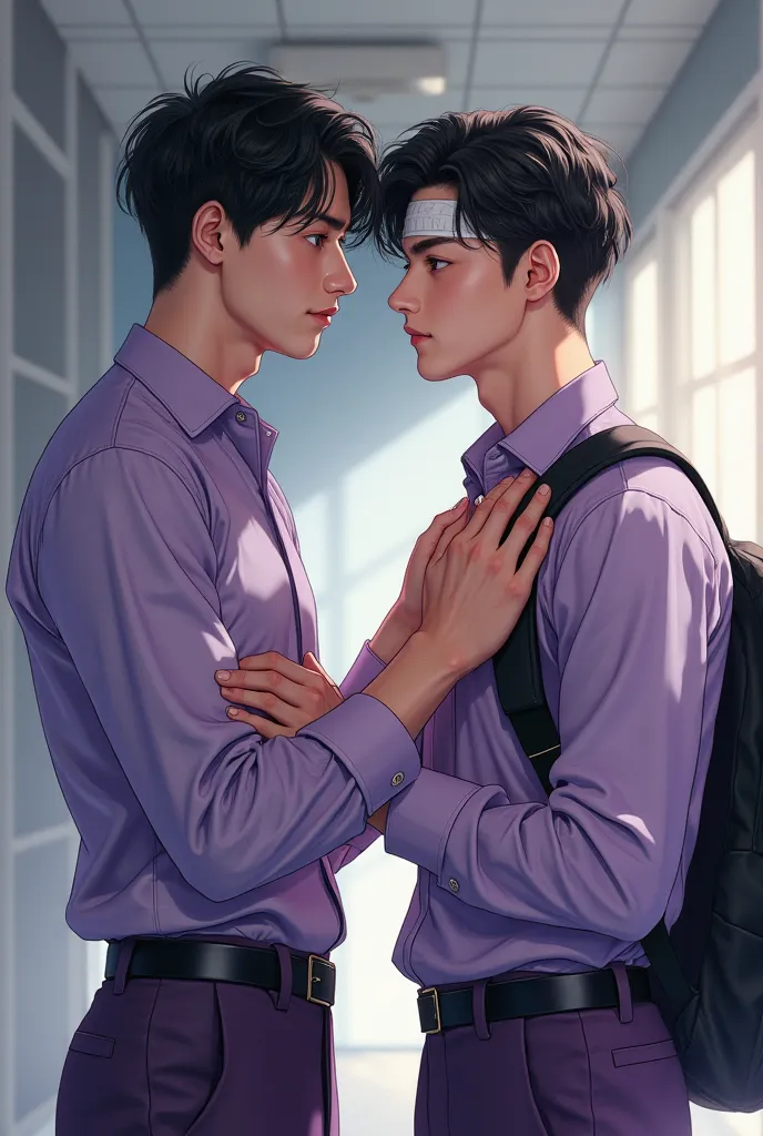 Two handsome korean boys with broad shoulder and siren eyes and black haired hanging school back on shoulder 6ft tall .Having bandage over his forhead  . With uniform of purple shirt and violet pant giving side view and fair skin tone. With good hairstyle....