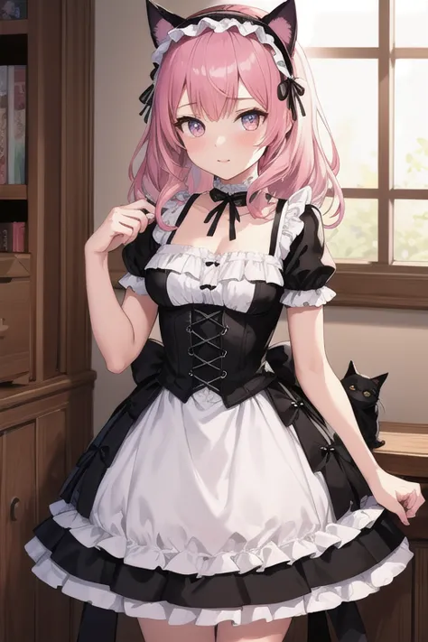 Best quality, high quality, best quality, one girl, pink hair, cute dress with frills, pink dress, some black parts, gothic lolita style design, (black cat ears headband),, western-style room,