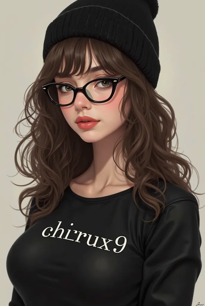 A beauty women with hair chocolate,  wearing glasses and black beanie. Wearing black shirt, with name ChiruX9