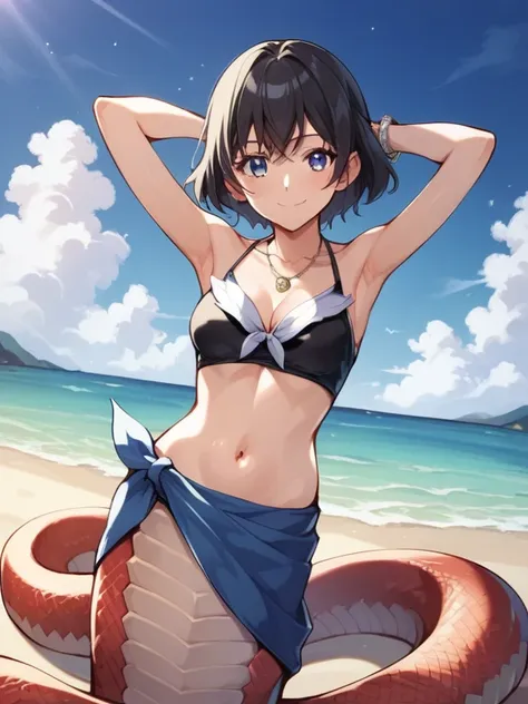  score_9, score_8_superior, score_7_superior, score_6_superior,  source_ anime，safe，nsfw， uncensored，  young woman, Lamia，Cure Rhythm,  animeのスクリーンキャプチャ, high quality, Alone, cowboy wearing a swimsuit and sarong, (contrapost), hands behind head,  I closed ...