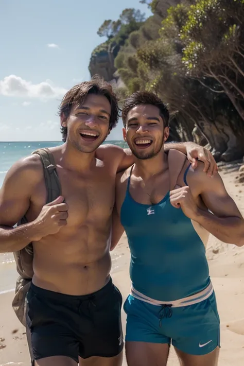 Two friendly men who have cheerful expressions and pour out excitement during a survival adventure on the beach