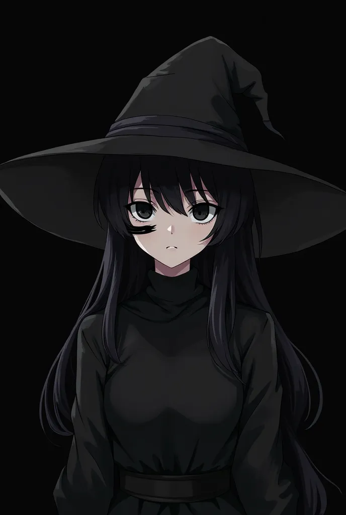 On a black background make an anime girl with white skin,  black eyes, black hair, A black eye slap, Black clothes and a witch's hat