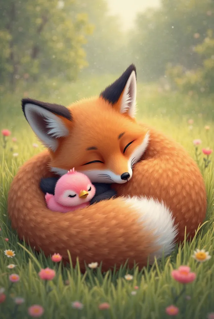 Fox sleeping with pink chick 