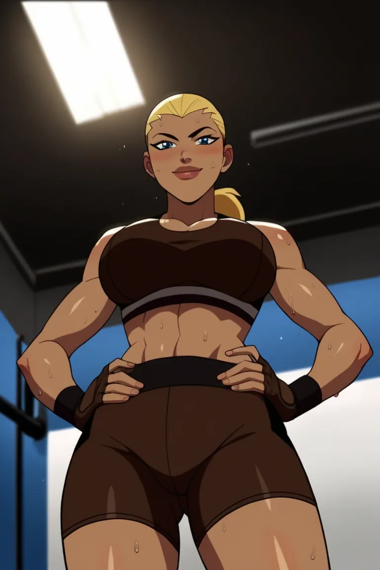 score_9, score_8_up, score_7_up, source_cartoon,artemis, blonde hair, ponytail, big lips, dark skin, large breasts, brown sports bra, brown boxing shorts, brown boxing gloves, BREAK standing, smile, closed mouth, confident expression, looking at viewer, so...