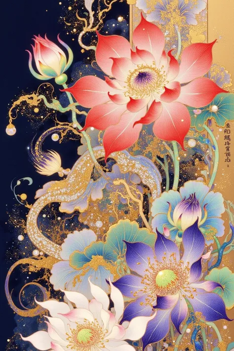 There is a painting of a building with a tower and flowers, An extremely detailed painting inspired by Yun Shouping,  is popular in the CG society , Cloisonnism, intricate detailed painting , Oriental Fantasy,  Oriental Wallpaper ,  Oriental Art Nouveau , ...