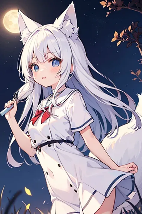 Fox girl white hair high school dress in moonlight